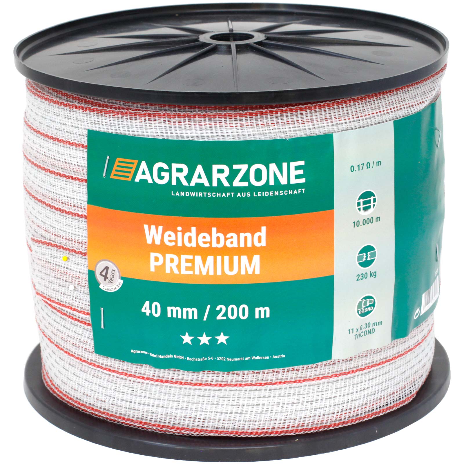 Agrarzone Weidezaunband Premium 0.30 TriCOND, weiß-rot 200 m x 40 mm
