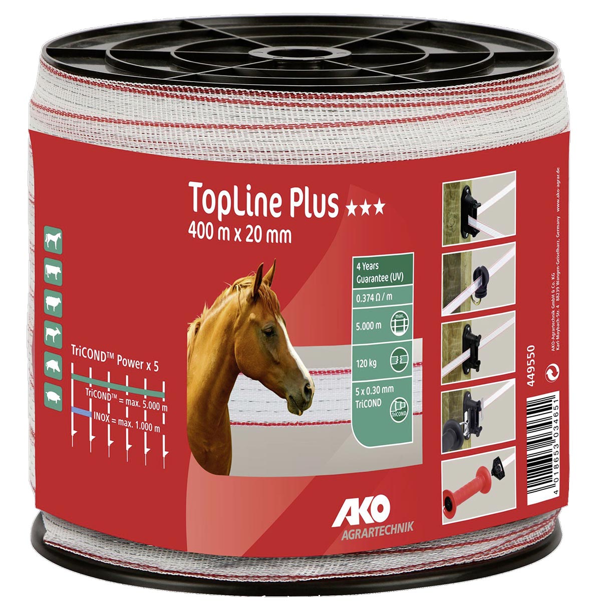 Ako Weidezaunband TopLine Plus 400m, 20mm, 5x0.30 TriCOND, weiß-rot