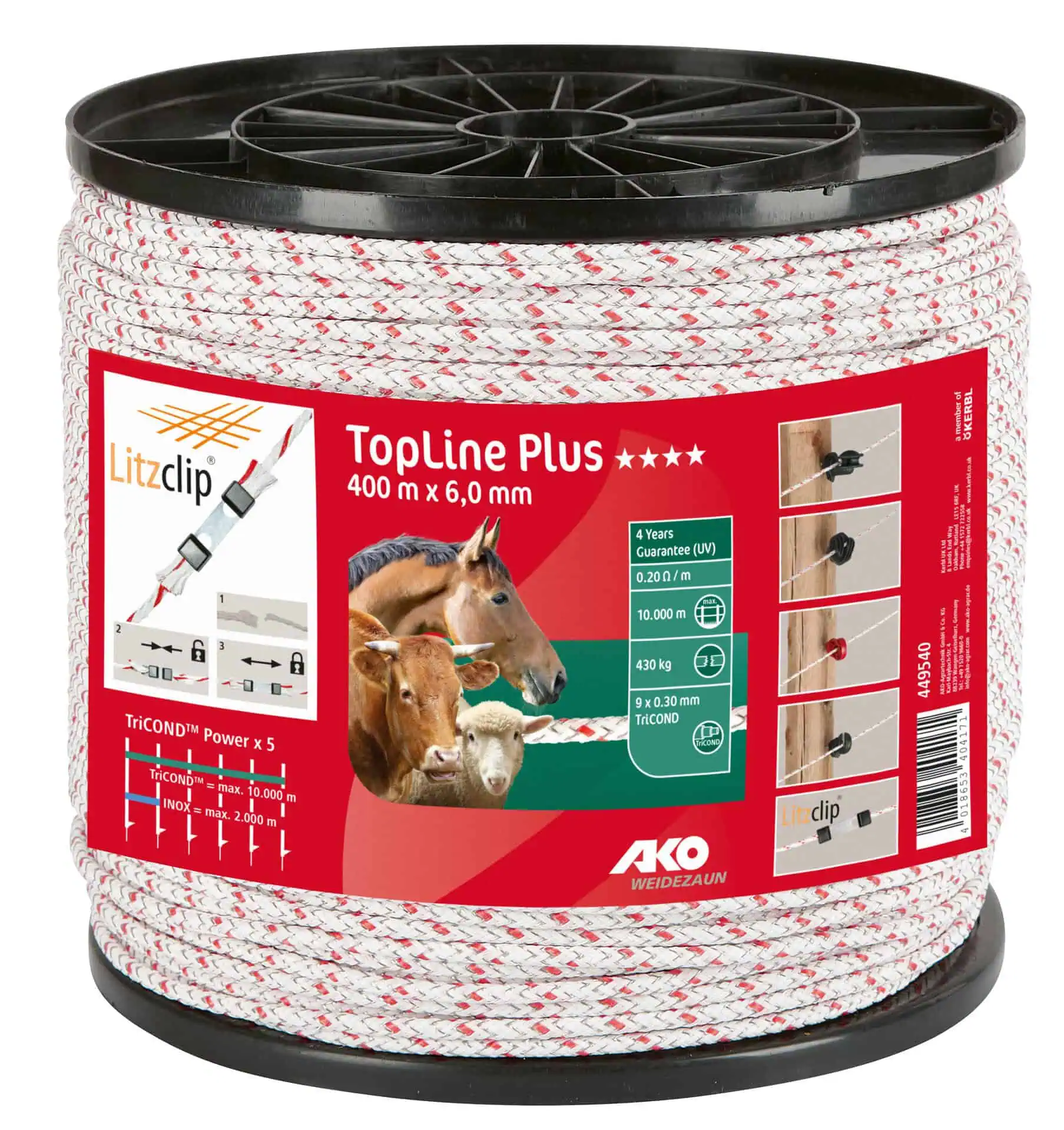 AKO Weidezaunseil TopLine Plus 400m, Ø 5,5mm TriCOND, weiß-rot