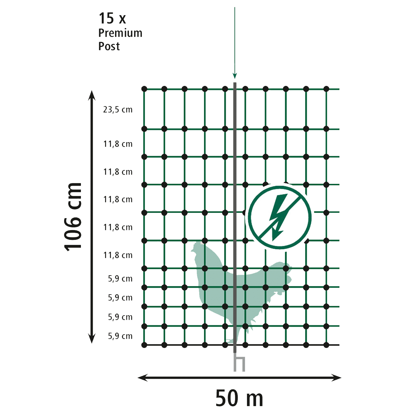 Kerbl Geflügelnetz ohne Strom, Einzelspitze, grün 50 m x 106 cm